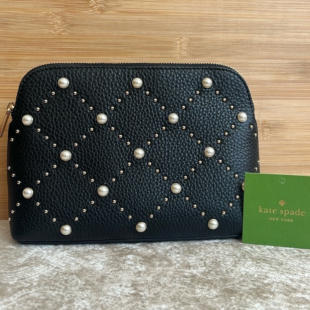 Brand New Kate Spade Genuine Leather Black Pearl Studded Zippered Dome Clutch